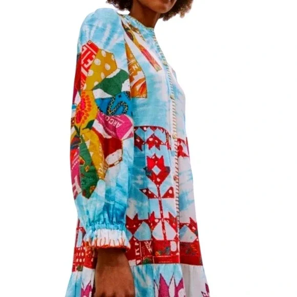 Farm Rio Tie Dye Rainbow Patchwork Maxi Dress S Blue Multi NEW 297352 - Picture 3 of 15